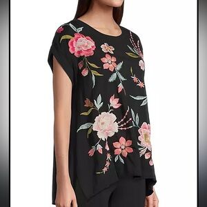 Johnny Was Joya Drape Black Top with Floral Embroidery XL